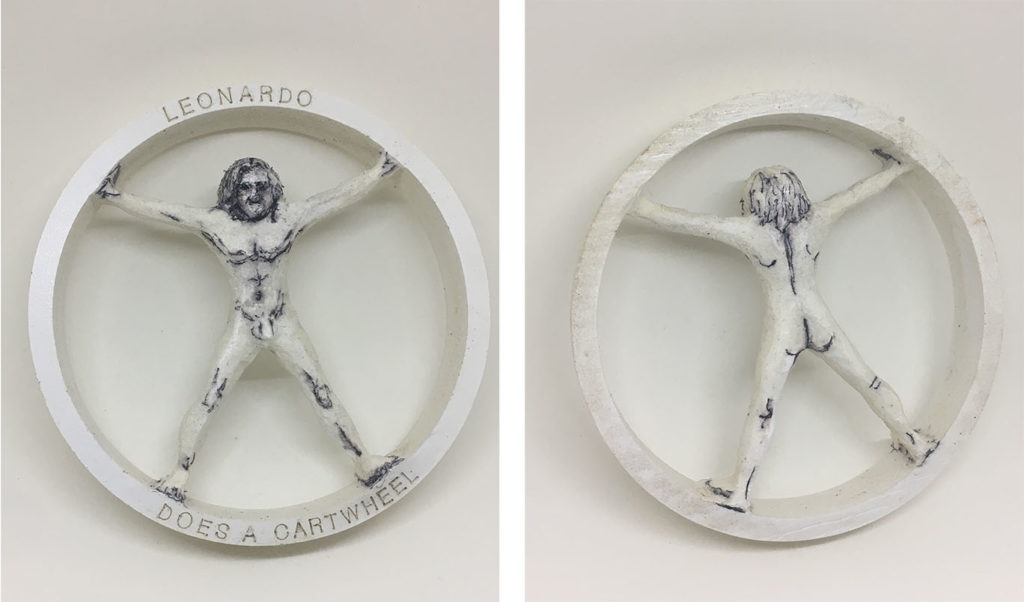 “Leonardo Does a Cartwheel" carved PVC with marker artwork